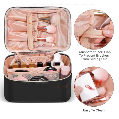 senbowe Travel Makeup Bag, Large Capacity Cosmetic Bags for Women,Portable Waterproof Leather Toiletry Bag Make Up Organizer Bag with Divider and Handle4