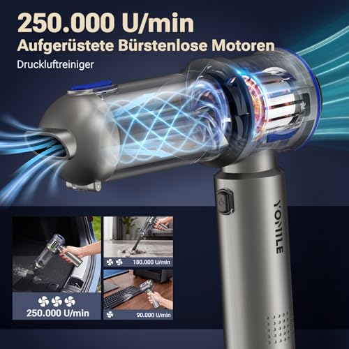 Yomile Handstaubsauger Akku, 27000Pa/150W Autostaubsauger Kabellos, 250.000 U/min Mini Staubsauger, Aufladbar Tragbar Leicht Auto Staubsaug Stark, Staubgebläse für Auto, Büro Genutzt, Haus, Küche