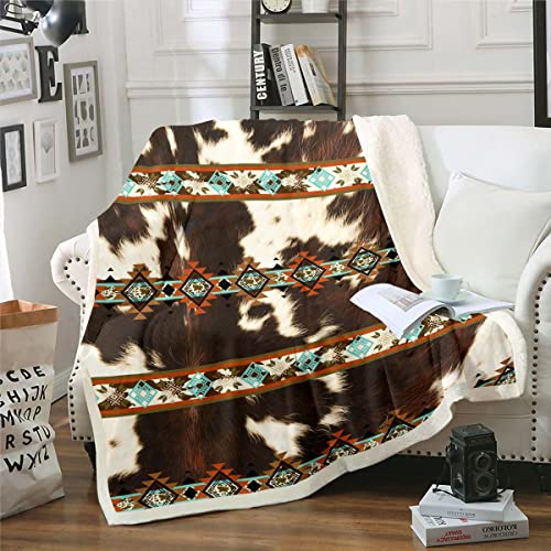 Erosebridal Cowhide Fleece Blanket Brown Highland Cow Print Blanket,Western Throw Blanket Exotic Aztec Blanket 50"x60",Farmhouse Wild Animals Longhorn Skin Room Decor Cowboys Gifts for Men
