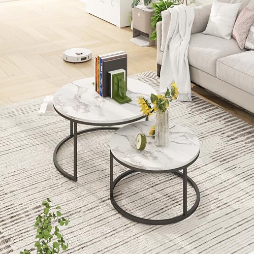 hitsuki Lot de 2 Tables Basses Rondes en marbre Noir avec Structure en métal Blanc - Table d'appoint en métal pour Salon, Chambre à Coucher (Blanc et Noir)