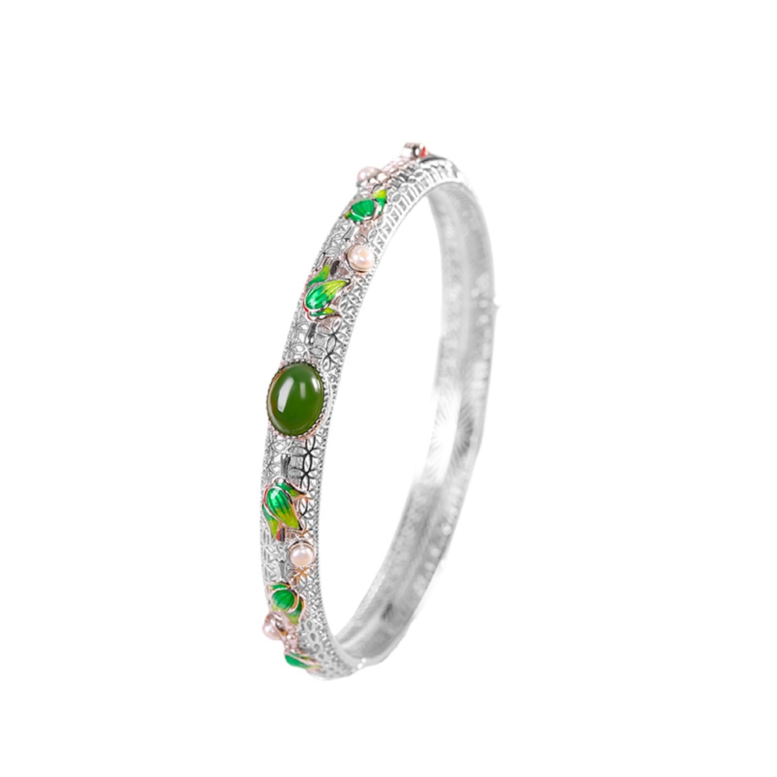 Braccialetti d'argento, braccialetti da braccialet Bracciale rigido aperto da donna in argento sterling S925 con perle e diaspro da 5*8 mm, smaltato, artigianato tradizionale, accessorio perfetto for