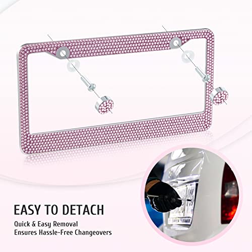 Omt License Plate Frames For Women, Car Accessories Set Of 2, Bling Car License Plate Frames With Rhinestones, Universal License Plate Holders With Screws And Tools For Car Suv, Pink #TOP3