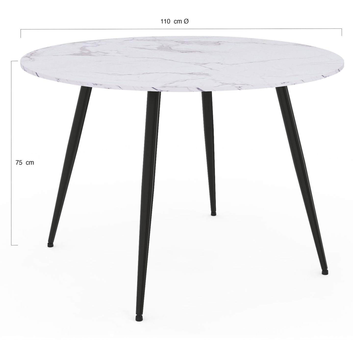 IDMarket - Tavolo da pranzo rotondo per 4 persone AMELIA con gambe in metallo nero effetto marmo bianco ALASKA 110 cm