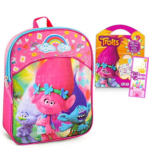 Trolls Mini Backpack for Girls ~ 3 Pc Bundle With 11" Poppy Trolls School Bag for Toddlers Preschoolers Kindergarten, Stickers, Door Hanger and More (Trolls School Supplies)