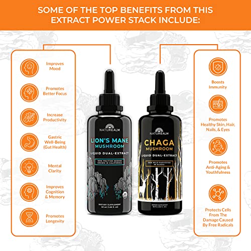 Naturealm Lion's Mane & Chaga Mushroom Extract - Adaptogen Stack For Focus, Immunity, Longevity, Stress Relief, Gut Health, Anti-Aging, Energy & More - Organic Liquid Drops - 50 Ml Each (2 Pack) #TOP4