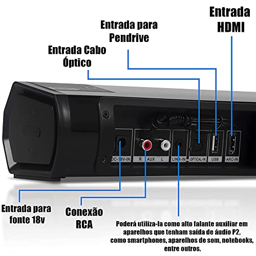 Soundbar Home Theater Caixa de Som Bluetooth 60w RMS com Efeito Cinema Entrada HDMI Arc, Entrada Òpt