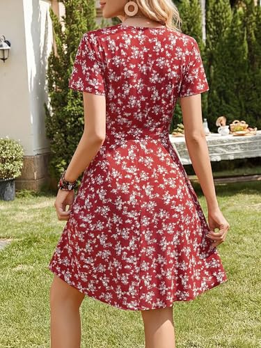 Image of MSBASIC Womens Summer Wrap V Neck Casual Dresses Floral Short Sleeve A-Line Midi Sundress