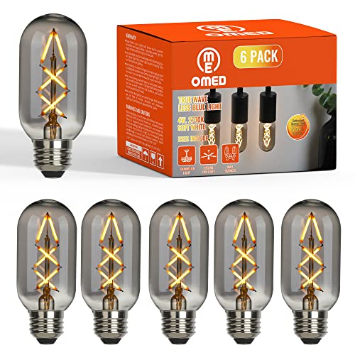 Omed T45/T14 Dimmable Vintage Led Edison Bulbs, E26 4W Antique Fishbone Led Filament Tubular Edison Bulbs 40 Watt Equivalent, 200Lm 2700K Soft White Spiral Retro Tube Bulbs, Smoke Grey Glass, 6 Pack #TOP5