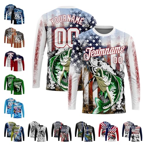 Custom Long Sleeve Bass Fishing Jersey Personalized Retro Flag Fish Pattern Sports Team Shirts with Printed Name Number Logo for Men Women Youth Boys Girls Fishing Camping Outdoor Street Dailywear