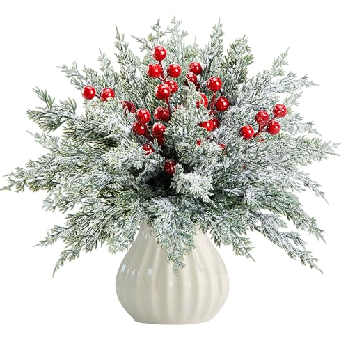 60 Pcs Artificial Christmas Snow Pine Branches with Red Berry Stems Snowy Faux Greenery Norfolk Pine Cypress Leaves Stems Berries White Frosted Fake Foliage Pine Needle Picks for Garland Home Decor
