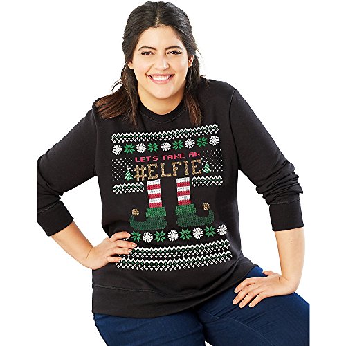 Just My Size Women's Plus Size Ugly Christmas Sweatshirt, Black Elphie, 2X