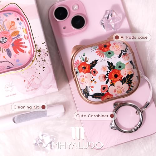 Image of for AirPods 4 Case with Cleaning Kit, Cute Cat Ear Print Design & Cute Buckle, Inverted Phone Holder Design, Top Safe Lock Buckle Design, for Girls AirPods 4 case 2024, Rose Gold Flower