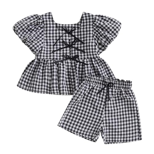 Gaono Toddler Baby Girl Summer Clothes Cute Puff Short Sleeve Tie Fron Ruffle Tops And Shorts Sets 2 Piece Plaid Outfit (A-Black, 12-18 Months)