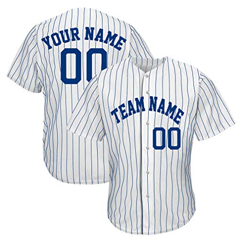 Custom Pinstripe Baseball Jersey Uniform Personalized Full Button Shirt Stitched Name & Number for Men Women and Kids(S-Men\'s Size,White-Blue)