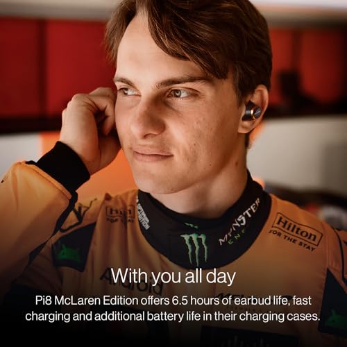 Image of Bowers & Wilkins Pi8 McLaren Edition Wireless Earbuds, in-Ear Bluetooth Earphones with Qualcomm Chipset & aptX Lossless, Active Noise Cancelling Earbuds, 3 Built-in Mics, 15-Min Quick Charging