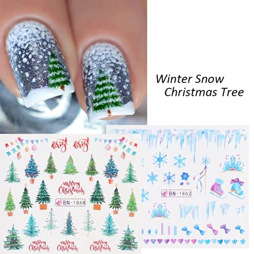 Christmas Snowflakes Nail Art Water Transfer Stickers Xmas Tree Santa Claus Bell Sock Snowman Pattern Nail Decal Word Heart Star Nail Decoration For Girl Women Manicure Accessories(12 Sheet) #TOP4
