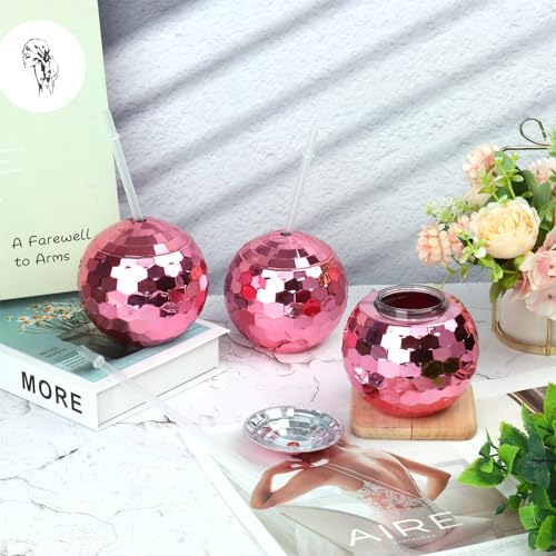 Image of tchrules 12PCS Pink Disco Ball Cups, Reusable Tumbler Disco Flash Bachelorette Party Cup Decorations Glitter Cocktail Ball Cups Spherical with Lid and Straw for Nightclub Bar Party Decor Supplies