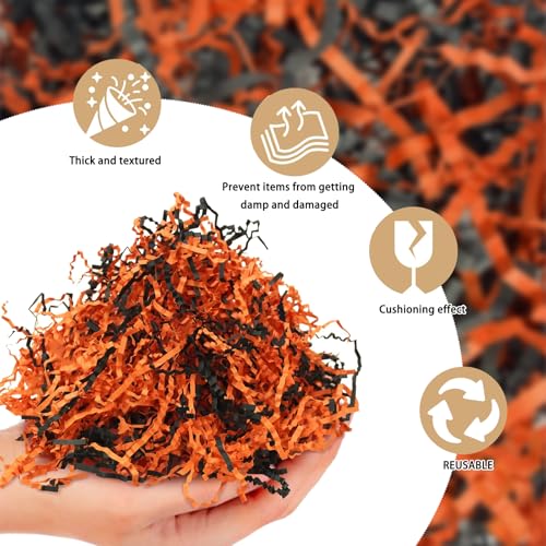 Image of Zankubom 1 /2LB Black Orange Crinkle Cut Paper Shred Filler Great for Gift Wrapping, Basket Fillers, Birthday, Gift Wrapping, Anniversary, Halloween Christmas Party Decor Filling Supplies