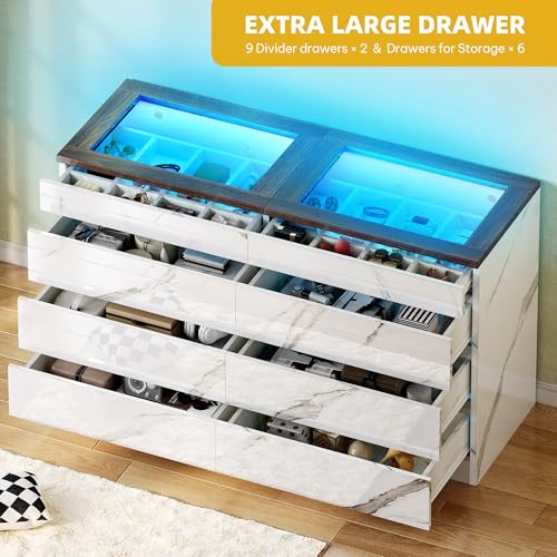 DWVO 8 Drawer Dresser with LED Light,White Marble Dresser, Modern 8 Chest of Drawers with Deep Drawers Glass Top High Gloss Surface, Storage Organizer Cabinet for Living Room, Bedroom