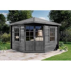 Alpholz Monica, 5-hoekig tuinhuis, tuinhuis van hout, grijs, houten huis, blokhut met montagemateriaal