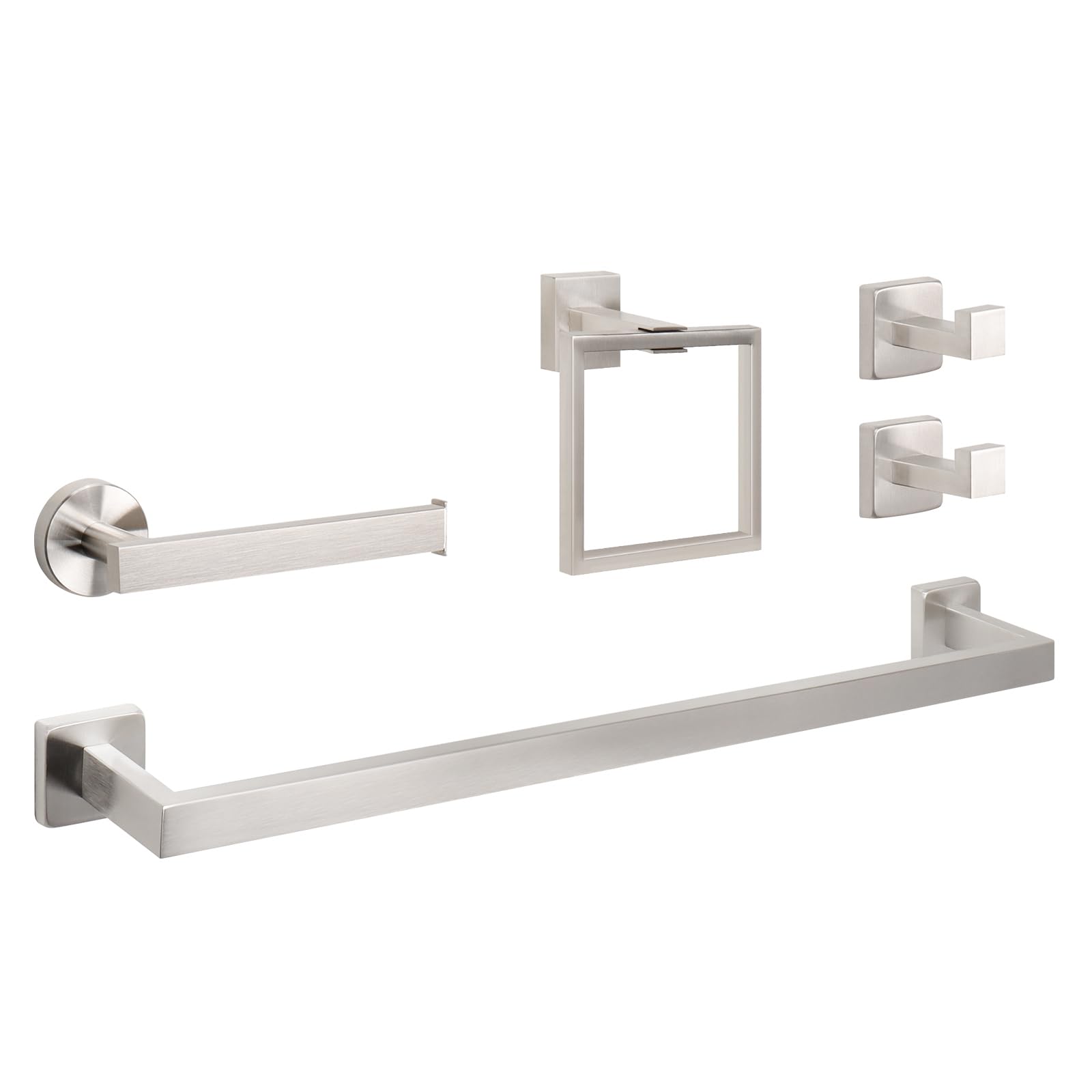 NearMoon 5 Pieces Bathroom Hardware Set 304 Stainless Steel, Square Towel Rack Kit - 24" Towel Rod + Towel Ring + Toilet Paper Holder + 2 Robe Hooks, Wall Mounted Bath Accessories (Brushed Nickel)