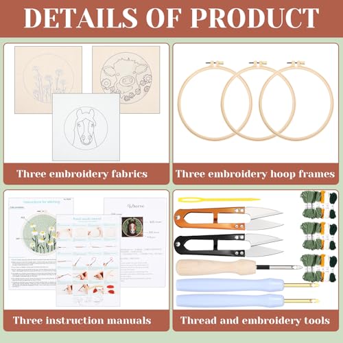 Image of Hahafelt 3 Sets Punch Needle Kits, Punch Needle Kits for Adults Beginner, Highland Cow Daisy Flower Horse Punch Needle Tool with Punch Needle Fabric, Hoops, Yarns and Sewing Needles