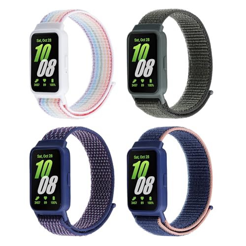 SMYAOSI Nylon Correas con Funda Compatible con Samsung Galaxy Fit 3 SM R390 Smartwatch, Correa Elástica Deportiva de Trenzado Ajustable Correa para Galaxy Watch Fit 3 (Color+Verde+Azul+Azul Oscuro)