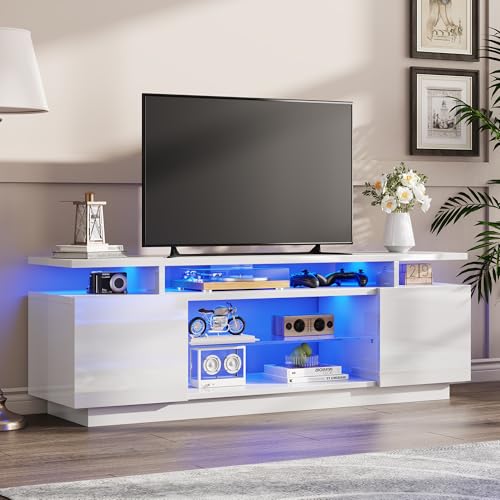 LUXOAK TV Lowboard Hochglanz Weiß mit LED Beleuchtung – 160x38.5x54.5 cm Fernsehtisch für bis zu 75 Zoll TV, TV-Schrank mit 2 Türen & Verstellbarer Glasablage, für Wohnzimmer & Schlafzimmer LUXOAK TV Lowboard Hochglanz Weiß mit LED Beleuchtung – 160x38.5x54.5 cm Fernsehtisch für bis zu 75 Zoll TV, TV-Schrank mit 2 Türen & Verstellbarer Glasablage, für Wohnzimmer & Schlafzimmer