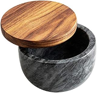 jalz jalz Salt Box Spice Pinch Pot Black Marble Base Wood Cover Salt Keeper Pepper Canister Salt Cellar Salt Jar