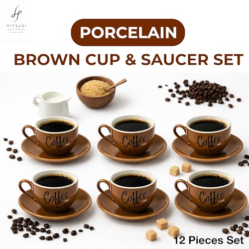 Image of Hitkari Porcelain Cup Saucer Set of 6 for Tea 220 Ml 6 Cups & 6 Saucers | 12 Piece Tea Coffee Set | Elegant Glossy Finish Teaware Microwave & Dishwasher Safe Colors CS3 - Brown