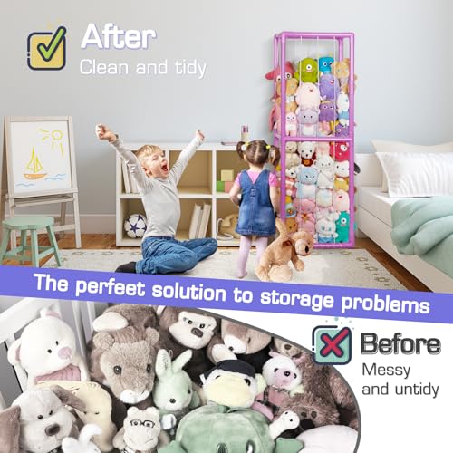 Image of Stuffed Animal Storage Zoo Holder Space Save, PVC Stuffed Animal Organizer | Vertical Plush Toy Organizer with Elastic Band and Net, Large Capacity Stuffy Storage for Playroom Bedroom Nursery