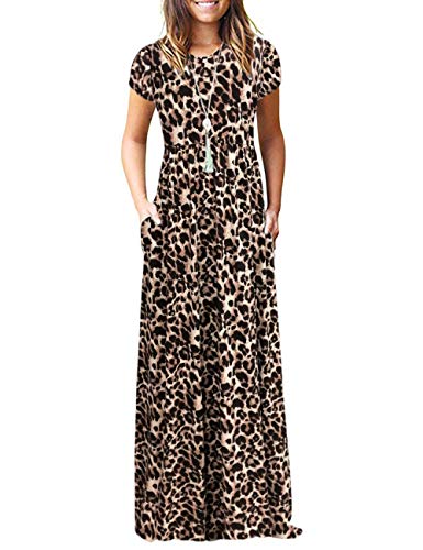 AUSELILY Women Short Sleeve Loose Print Floral Pleated Casual Cheetah Long Maxi Dresses with Pockets (3XL, Spotted Pattern Leopard)