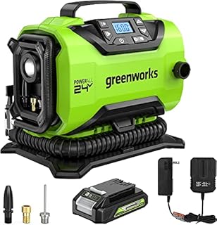 Greenworks 24V Portable Air Compressor - Cordless Tire Inflator, MAX 160 PSI, 2 Power Sources, Auto Shut Off, for Car, Bicycle, Motocycle, Air Boat, Inflatables, with 2AH battery + charger