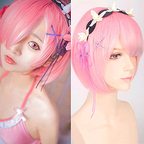 Creamily Rose Court Bob Ram Cosplay Perruque Synthétique Anime Cheveux Partie Perruque Zéro Démarrage La Vie dans un Autre Monde Cover
