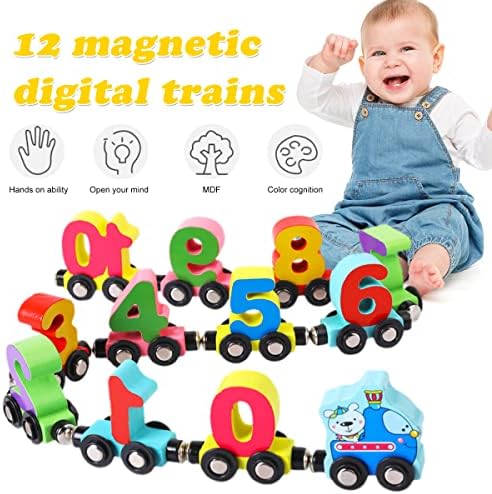 12 Pcs Wooden Digital Train Toy Magnetic Number Train Building Block Toy Preschool Learning Wood Train Toys Color Cognition Fine Motor SKills Development for Boys Girls Over 3 Years Old 12 Pcs Wooden