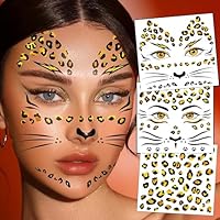 ﻿ Leopard Temporary Tattoos, Halloween Face Tattoos Gold Glitter Cheetah Face Stickers, Cheetah Costume Women Girls Cheetah Face Tattoo Leopard Make up (3 Leopard Temporary Tattoos)