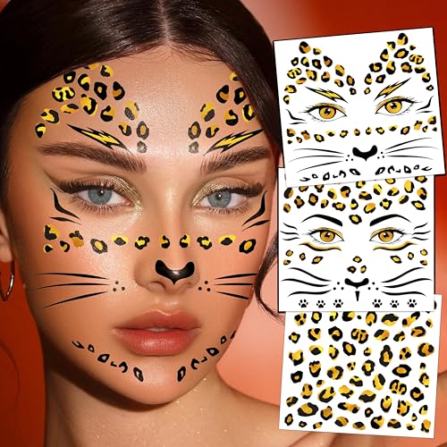  Leopard Temporary Tattoos, Halloween Face Tattoos Gold Glitter Cheetah Face Stickers, Cheetah Costume Women Girls Cheetah Face Tattoo Leopard Make up (3 Leopard Temporary Tattoos)