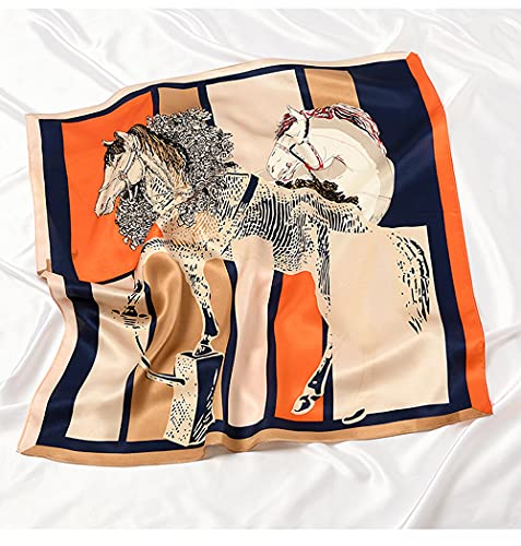 Meisee 100% Pure Mulberry Silk Square Scarf 27"'X27-68Cm Head Scarf For Women Natural Silk Neckerchief Printed Headscarf (Coffee Color Orange Horse) #TOP4