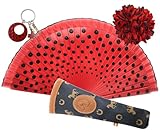 Planta Color Abanico de Lunares Pintados a Mano con Funda Artesanal. Incluye Pinza para el Pelo y Llavero Estilo Flamenco (Rojo LN)