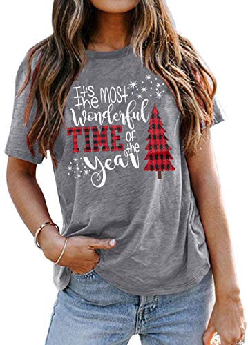 Lhbnk Merry Christmas Shirts For Women Xmas Buffalo Plaid Tree Shirt Top Short Sleeve Casual Graphic Print T Shirt Grey thumb #1