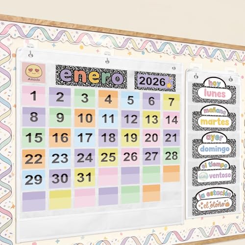 Gilprop 2 Pack Classroom Calendar Pocket Chart with 130 Cards Composition Book Pastel Spanish Themed Circle Time Calendar Monthly Weather Seasons Feelings Chart for Preschool Kindergarten Homeschool - Image 3