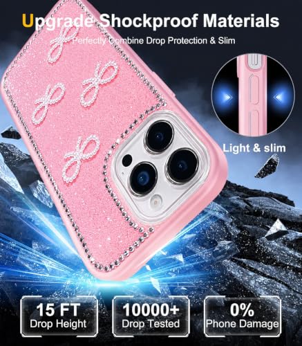 Image of DIZORO Compatible for iPhone 13 Pro Max, Luxury Diamond Cute with Bow Glitter Bling Case with Full Camera Protection PC+TPU Glossy Shiny Back Cover Case for Girls Women (Pink)