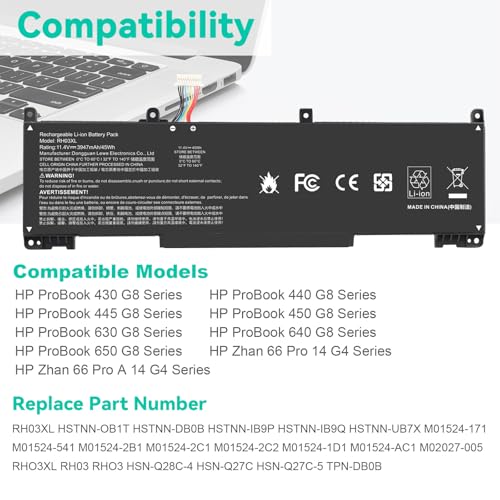 Image of 11.4V 45Wh RH03XL M02027-005 M01524-1D1 Laptop Battery for HP ProBook 430 440 445 450 630 640 650 G8 Series HSTNN-IB9Q HSTNN-OB1T HSTNN-DB0B HSTNN-UB7X M01524-2B1 M01524-AC1 (short style)