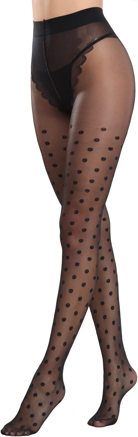 MANZI Women's Sheer Patterned Tights All-Over Polka-Dot Leopard Hearts Stockings 30 Denier Pantyhose Nylons