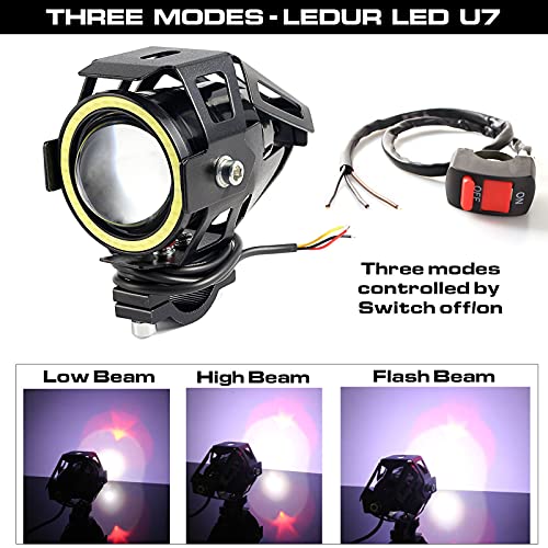 Ledur Motorcycle Headlight U7 Drl Fog Lights Driving Running Light With Angel Eyes Lights Ring Front Spotlight Strobe Flashing White Light And Switch(2Pcs,White Halo) #TOP3