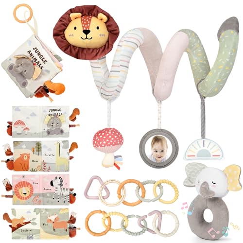 Image of Joyreal Spiral Car Seat Toys with Jungle Soft Book, Plush Rattles and Linking Rings, Stroller & Travel Toy for Newborns and Infants 0-12 Months Girls Boys