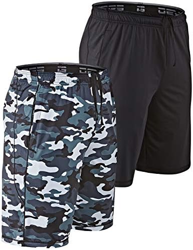 DEVOPS Men's 2-Pack Loose-Fit 10" Workout Gym Shorts with Pockets (Medium, Black/Camo Gray)