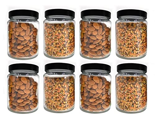 Image of Piraml Glass Transparent Jars & Containers for Kitchen Pantry, Snacks, Masala, Pickles, Dry Fruits, Coffee Beans Storage with Black Color Double Layer Metal Pop Lid (Set Of 4) (770ml Round Black Cap)