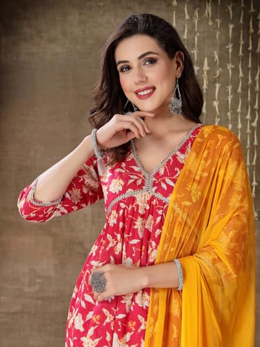 Image of Stylum Women's Floral Printed Cotton Pleated Kurta Palazzo Dupatta Set