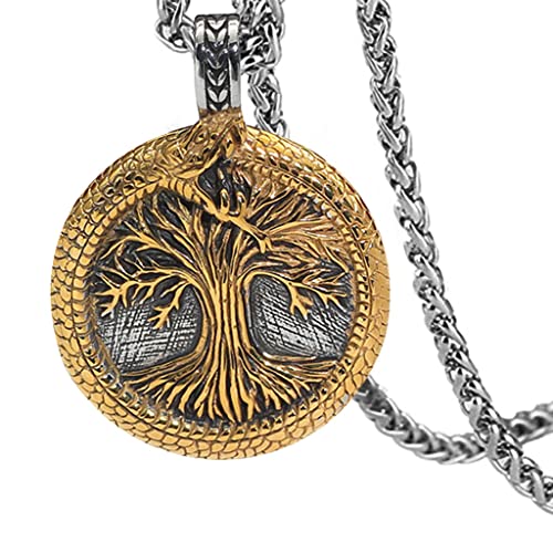 qsebhnj Wikinger Halsketten Für Herren, Nordische Mythologie Yggdrasil Helm Der Ehrfurcht Rune Ouroboros Medaillon Anhänger, Vintage Heidnische Gotische Nordische Schmuckgeschenke,23"